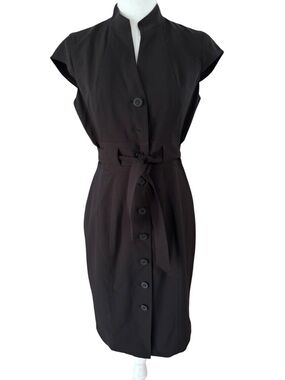 Calvin Klein Black Midi Dress Belted Button Front Cap Sleeve Size 6